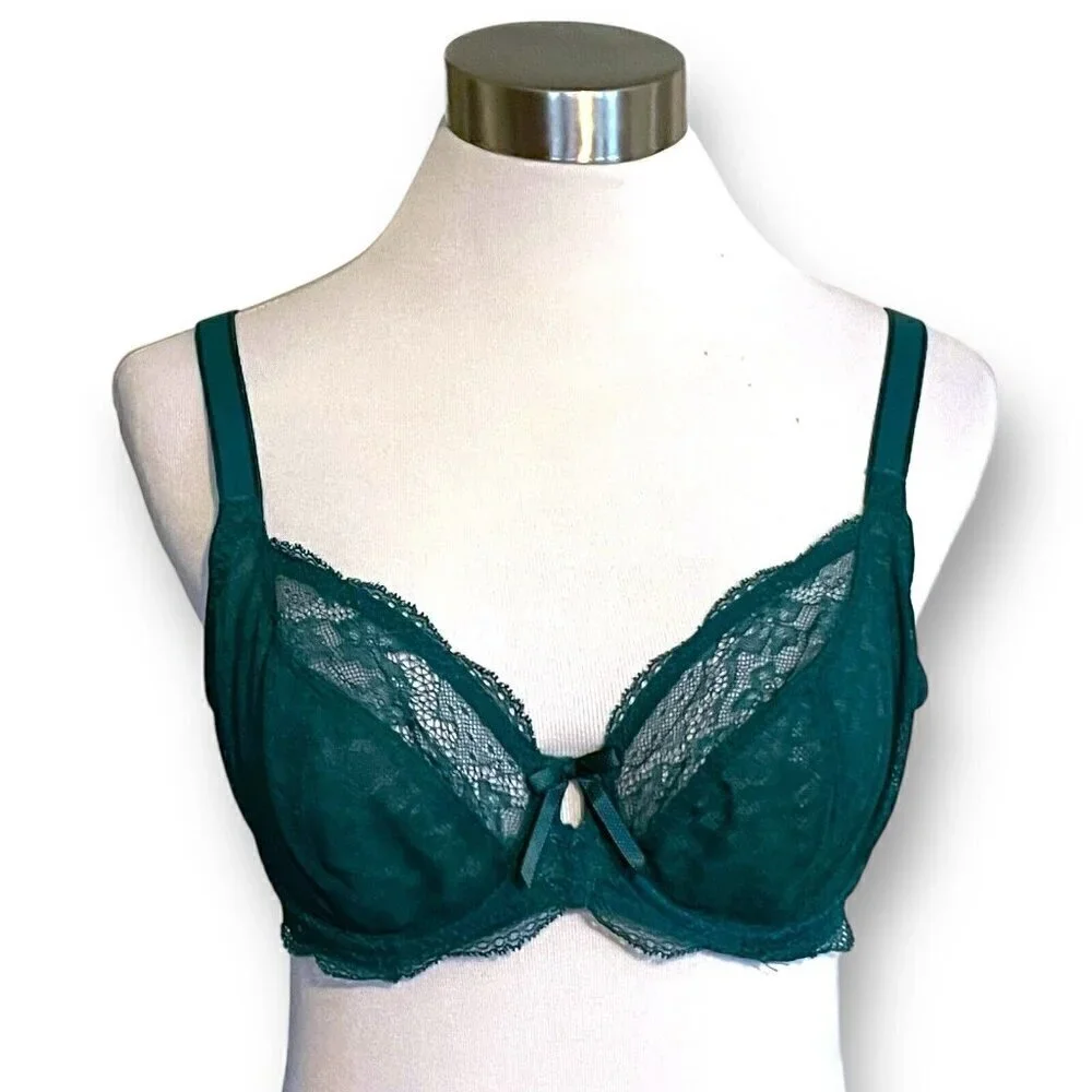 Freya 30DDD Fancies Plunge Bra Green Stretch Lace Semi Sheer Underwire AA1011
